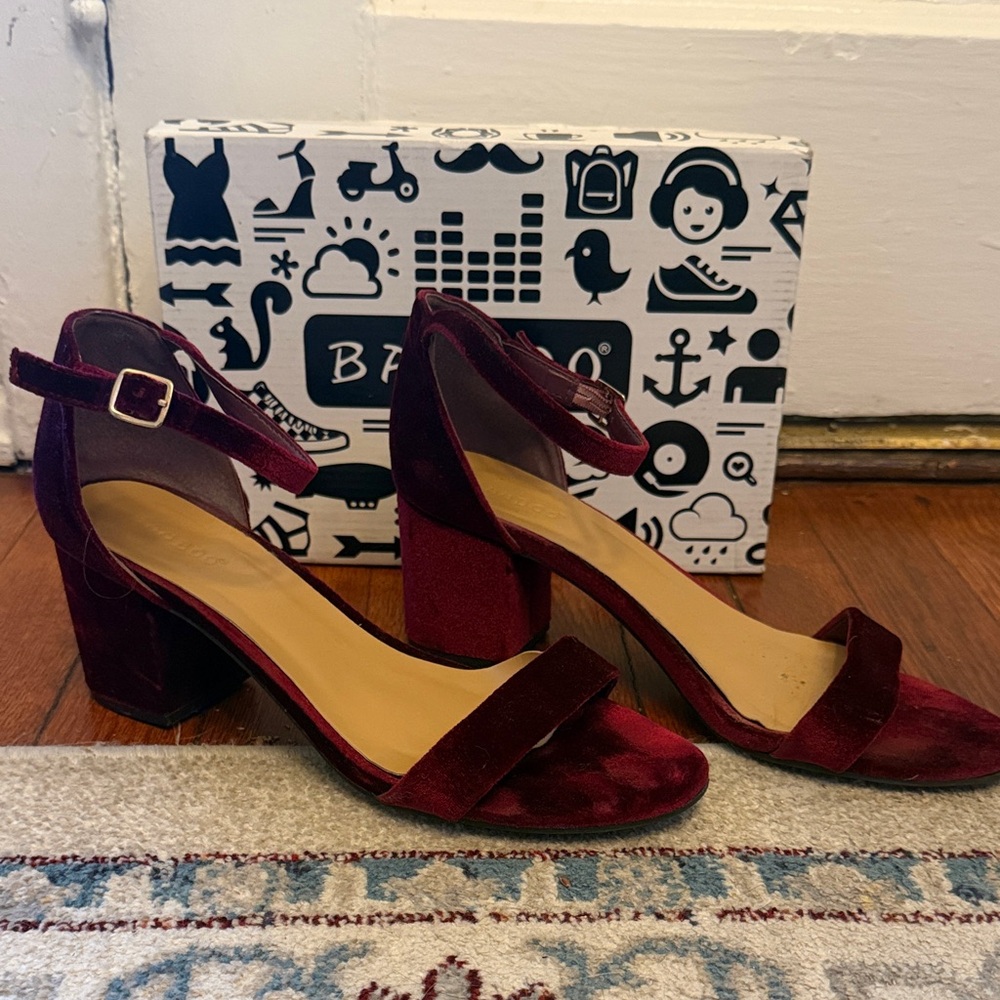 BAMBOO Burgundy Velvet Ankle Strap Heels